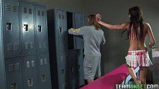 Sexy brunette Chloe Morgan deepthroats cock in the lockerroom - porn video